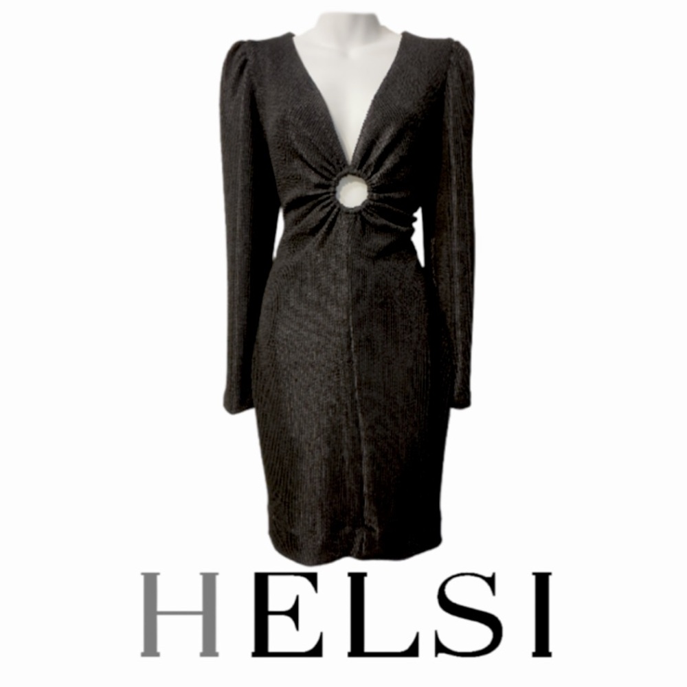HELSI | Black Ribbed Long Sleeve Mini Dress Keyhole Deep V Neck Evening Gown